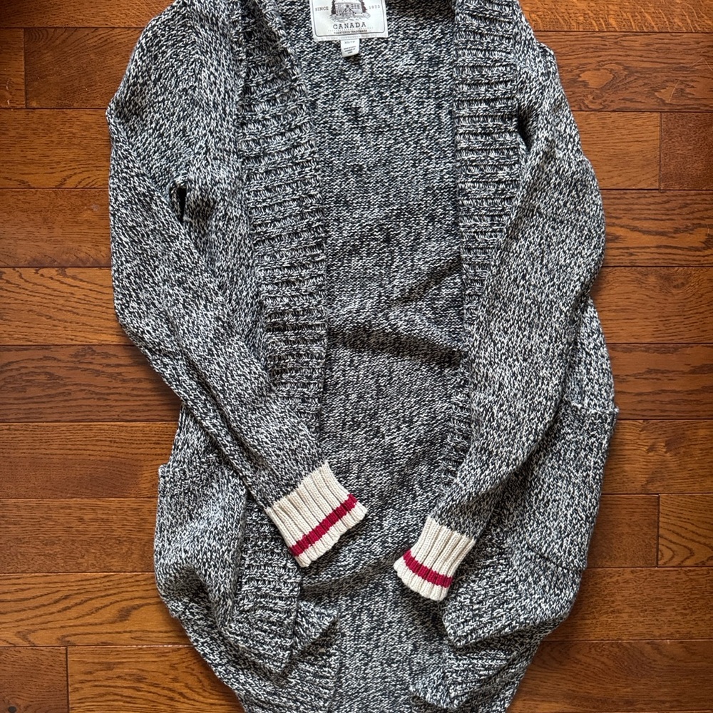 Roots Marled Gray Open-Front Cardigan with Cream & Red Stripe Cuffs